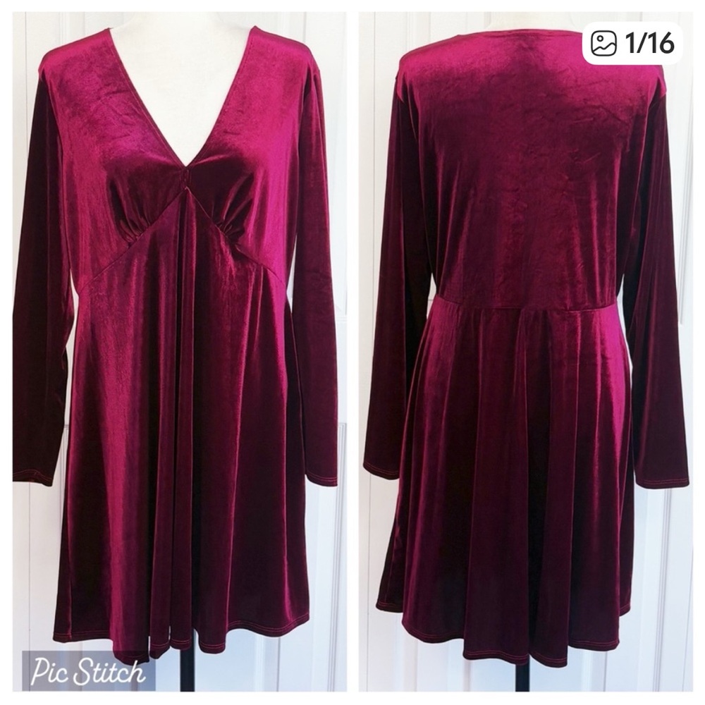 Nik and Nash Dark Pink Velvet Long Sleeve V-Neck Empire Waist Dress XL